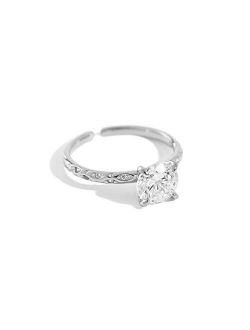 Classic Solitaire Eternity Wedding Ring S925 Sterling Silver for Women Girls Adjustable Open Fake Diamond Crystal Princess Cut Prong Set Engagement