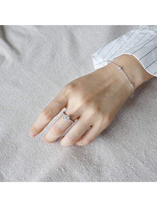 Kokoma Classic Solitaire Eternity Wedding Ring S925 Sterling Silver for Women Girls Adjustable Open Fake Diamond Crystal Princess Cut Prong Set Engagement