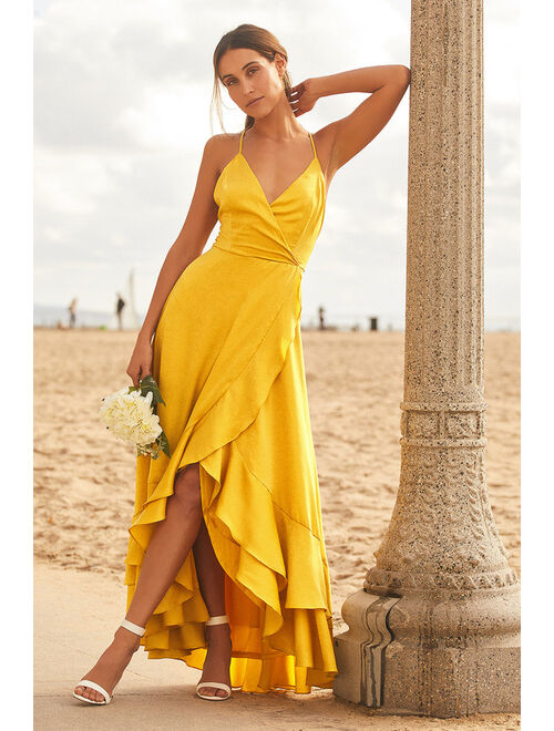 Lulus In Love Forever Mustard Yellow Satin Lace-Up High-Low Maxi Dress