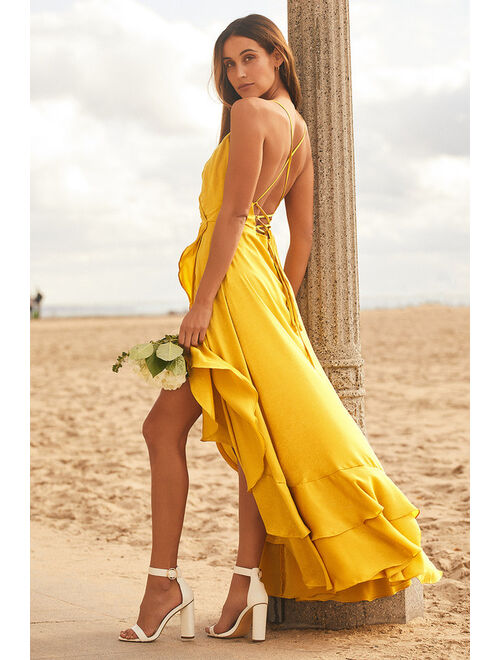 Lulus In Love Forever Mustard Yellow Satin Lace-Up High-Low Maxi Dress