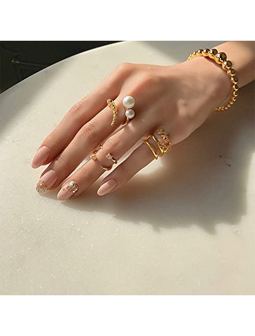 Kokoma Delicate Pearl Wrap Finger Ring 18K Gold Plated Cubic Zirconia Crystal Adjustable Open Statement Stacking Ring Engagement Wedding Ring Eternity Promise Ring