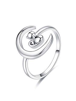 Cute Cat and Crescent Moon Statement Rings Sterling Silver Adjustable Open Expandable Lucky Engagement Band