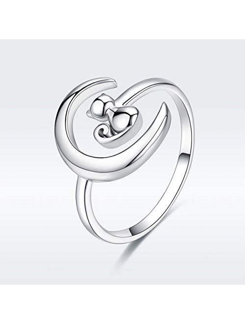 Kokoma Cute Cat and Crescent Moon Statement Rings Sterling Silver Adjustable Open Expandable Lucky Engagement Band