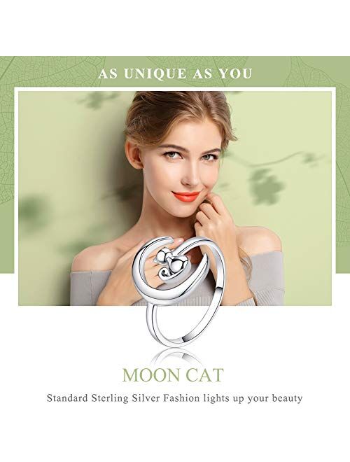 Kokoma Cute Cat and Crescent Moon Statement Rings Sterling Silver Adjustable Open Expandable Lucky Engagement Band