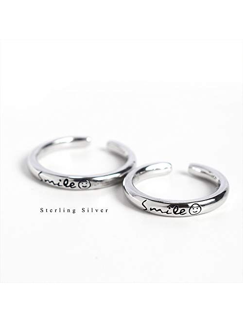 Kokoma Lovely Smile Face Open Band Ring 925 Sterling Silver for Women Girls Adjustable Finger Stacking Statement Engagement Wedding Rings