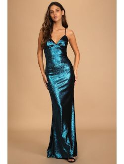 See You Stunning Teal Blue Sequin Lace-Up Maxi Dress