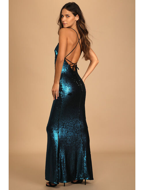 Lulus See You Stunning Teal Blue Sequin Lace-Up Maxi Dress