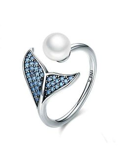 Sterling Silver Mermaid Tail Ring Blue Cubic Zirconia & Shell Pearl Adjustable Open Finger Rings for Women Girls