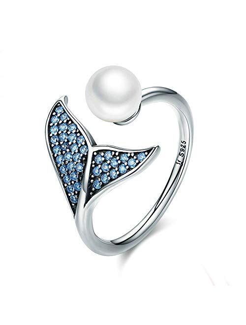 kokoma Sterling Silver Mermaid Tail Ring Blue Cubic Zirconia & Shell Pearl Adjustable Open Finger Rings for Women Girls