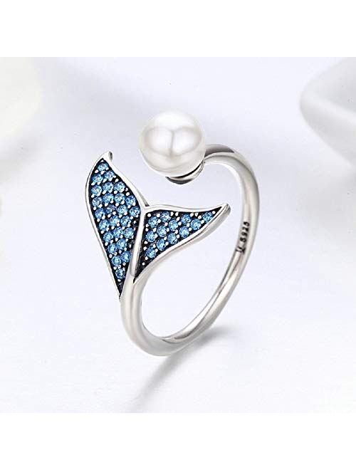 kokoma Sterling Silver Mermaid Tail Ring Blue Cubic Zirconia & Shell Pearl Adjustable Open Finger Rings for Women Girls
