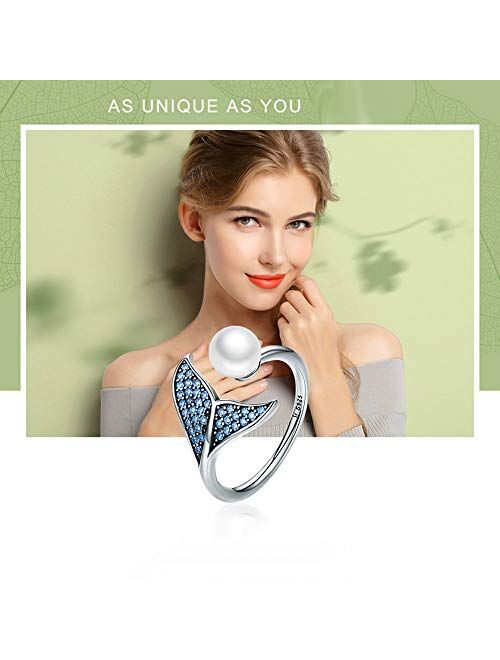 kokoma Sterling Silver Mermaid Tail Ring Blue Cubic Zirconia & Shell Pearl Adjustable Open Finger Rings for Women Girls