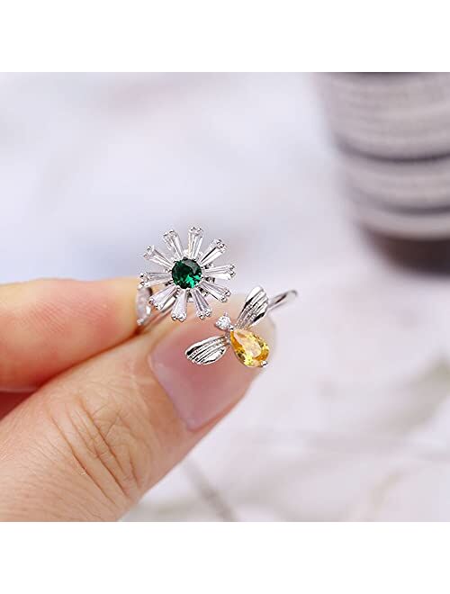 kokoma Open Stacking Rings for Women Girls Dainty Spin Daisy Flower Cubic Zirconia Crystal Diamond Wedding Promise Engagement Ring Knuckle Finger Band Cute Jewelry Gif