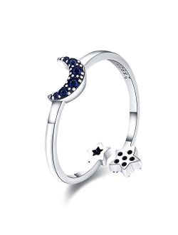 Moon Open Stacking Statment Rings Sterling Silver 925 Dainty Blue Crystal CZ Adjustable Double Star Engagement Eternity Wedding Ring Finger Band Fashion Jewelry