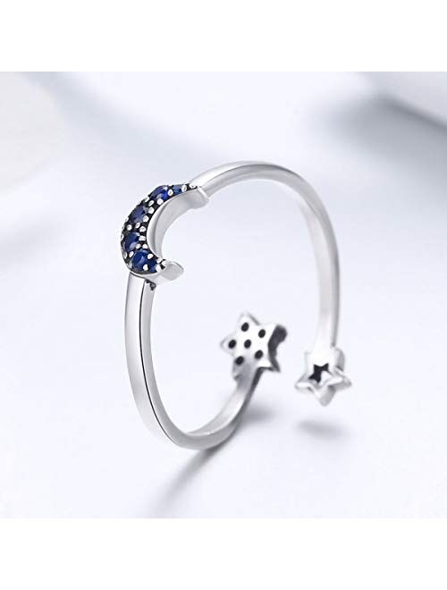 kokoma Moon Open Stacking Statment Rings Sterling Silver 925 Dainty Blue Crystal CZ Adjustable Double Star Engagement Eternity Wedding Ring Finger Band Fashion Jewelry