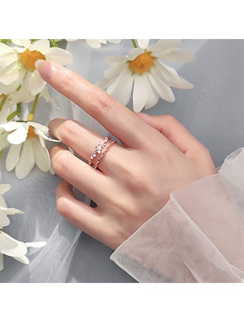 kokoma Dainty Flower Open Statement Rings Sterling Silver for Women Girls Adjustable Crystal CZ Butterfly Stacking Engagement Promise Wedding Ring Finger Band Cute Jew