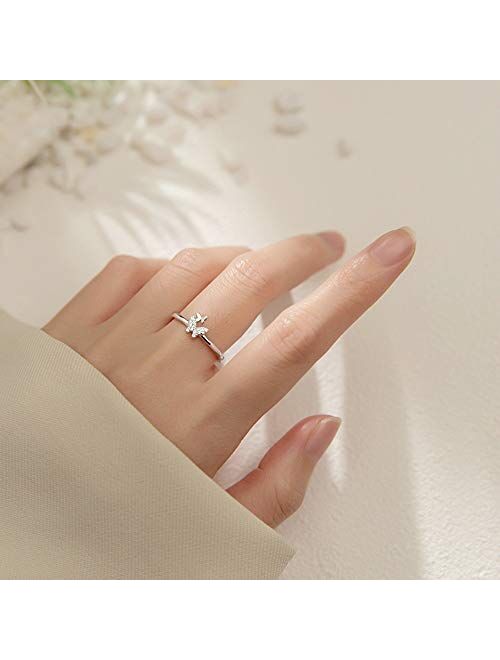 kokoma Sterling Silver Stacking Rings for Women Girls Adjustable Dainty Rhinestone Crystal Double Butterflies Finger Band Promise Eternity Engagement Ring Delicate