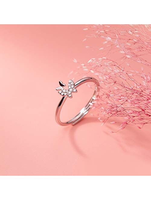 kokoma Sterling Silver Stacking Rings for Women Girls Adjustable Dainty Rhinestone Crystal Double Butterflies Finger Band Promise Eternity Engagement Ring Delicate