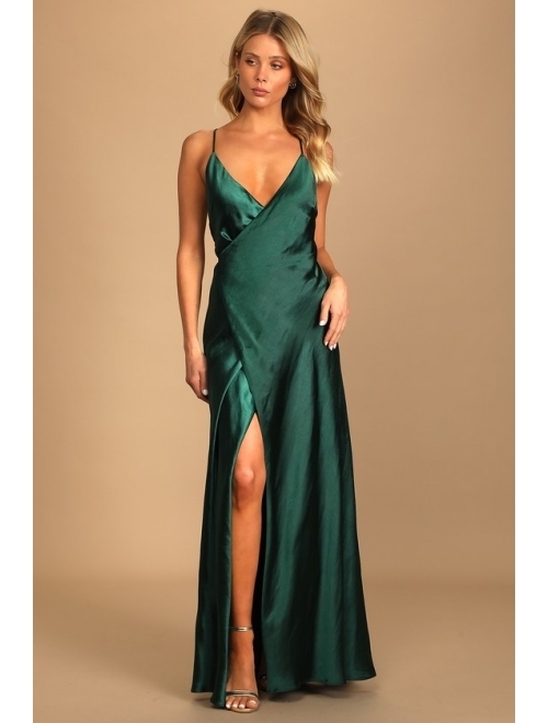 Lulus Fondly Loved Dark Green Satin Wrap Maxi Dress