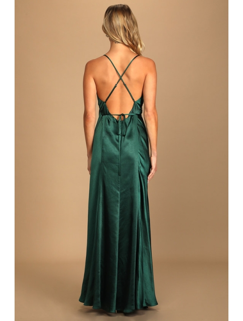 Lulus Fondly Loved Dark Green Satin Wrap Maxi Dress