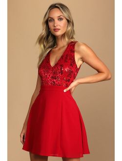 Twirl Me 'Round Red Lace Sequin Skater Dress
