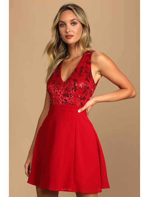 Lulus Twirl Me 'Round Red Lace Sequin Skater Dress
