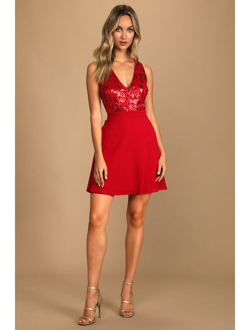 Lulus Twirl Me 'Round Red Lace Sequin Skater Dress
