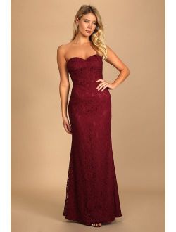 Wow the Crowd Burgundy Lace Strapless Mermaid Maxi Dress