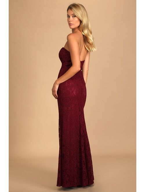 Lulus Wow the Crowd Burgundy Lace Strapless Mermaid Maxi Dress