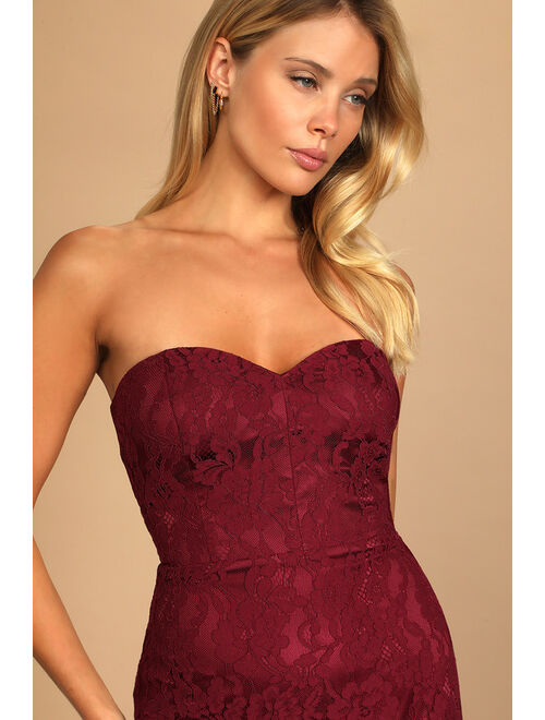 Lulus Wow the Crowd Burgundy Lace Strapless Mermaid Maxi Dress