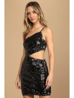 Sultry Soiree Black Sequin One-Shoulder Cutout Mini Dress