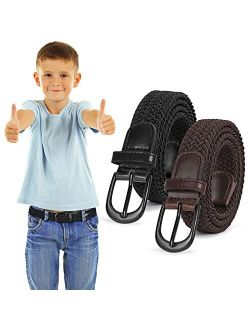 Kids Braided Elastic Stretch Belt for Boys and Girls 2 Pack Canvas Woven Belts with Solid Pin Buckle by WHIPPY