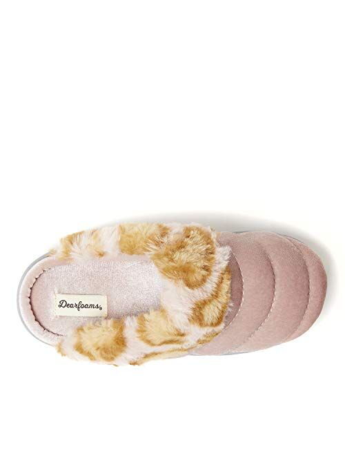 Dearfoams Kids' Evelyn Velour Clog with Leopard Cuff Slipper