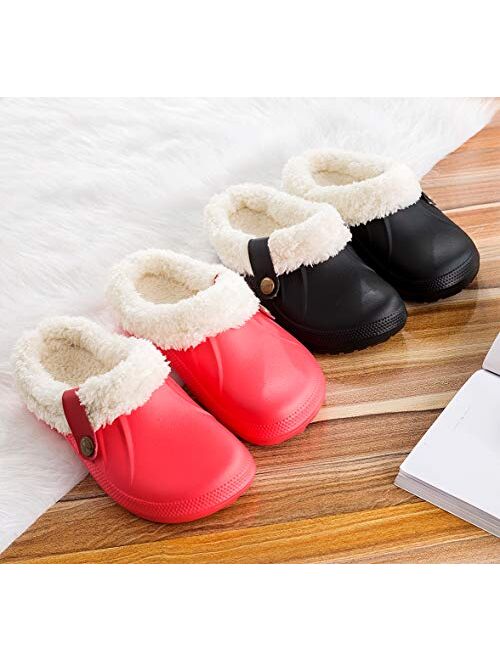 SMajong Womens Fur Lined Clogs Mens Waterproof Slippers Garden Shoes Winter Warm Plush Home House Slippers Indoor Outdoor Mules