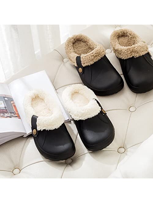 FolHaoth Women's Men's Waterproof Slippers Fur Lined Clogs Winter Warm Garden Shoes House Slippers Indoor Outdoor Mules