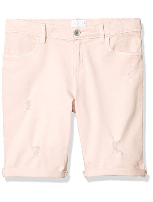 The Children's Place Girls' Roll Cuff Distressed Denim Skimmer Shorts