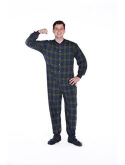 Navy Blue & Green Plaid Cotton Flannel Adult Footed Pajamas Onesie Sleeper for Men & Women