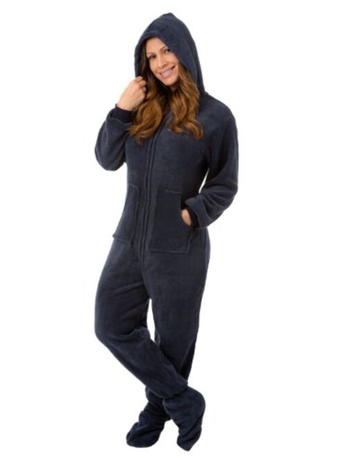 Navy Blue Plush Hoodie Footed Onesie Pajama Loungewear for Men & Women