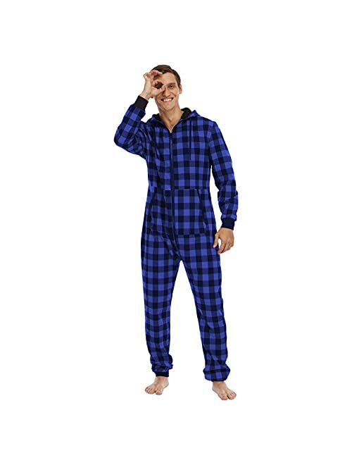 HULKAY Men's Warm Fleece One Piece Romper Pajamas Adult Zipper Onesie Pjs Hooded Jumpsuit Homewear with Pockets
