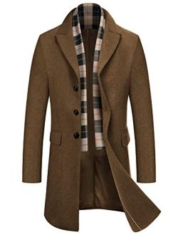 Men's Wool Blend Coat with Plaid Scarfs Notched Collar Single Breasted Pea Coat