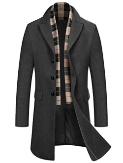 Men's Wool Blend Coat with Plaid Scarfs Notched Collar Single Breasted Pea Coat