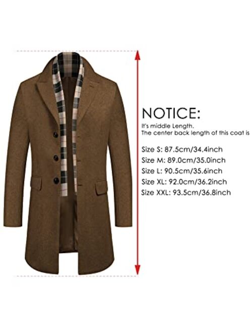 COOFANDY Men's Wool Blend Coat with Plaid Scarfs Notched Collar Single Breasted Pea Coat