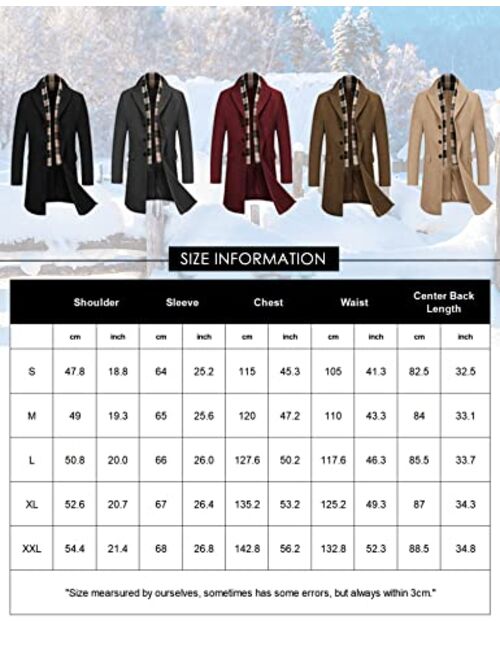 COOFANDY Men's Wool Blend Coat with Plaid Scarfs Notched Collar Single Breasted Pea Coat