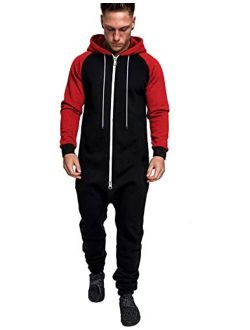 Mens Hooded Jumpsuit Full Zip Onesie Rompers One Piece Overalls Lightweight Tracksuit with Pockets
