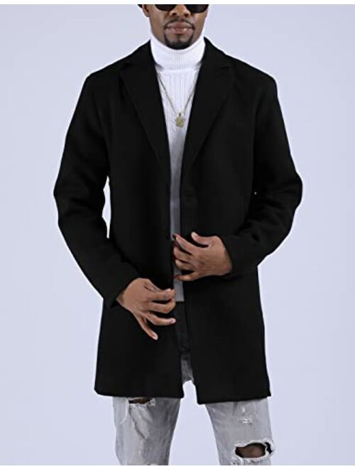 UANEO Mens Woolen Mid Long Pea Coat Single Breasted Coat Jacket