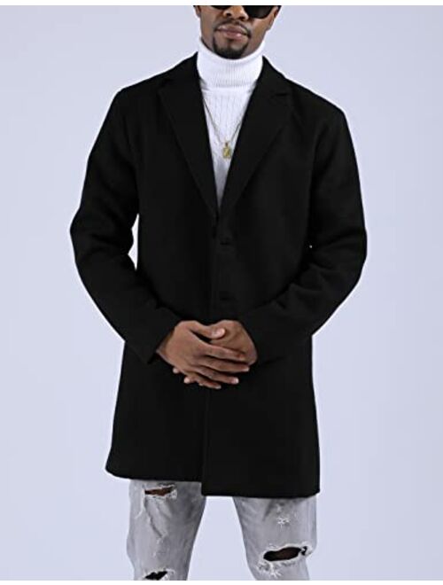 UANEO Mens Woolen Mid Long Pea Coat Single Breasted Coat Jacket