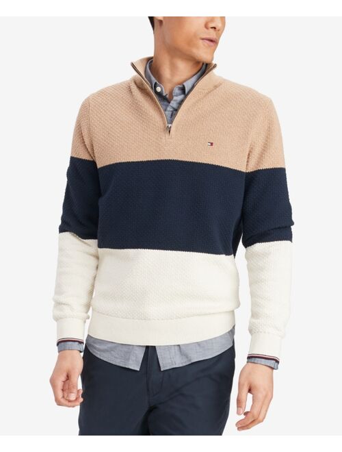 Tommy Hilfiger Men's Color-blocked Textured Mock Neck Quarter Zip Sweater
