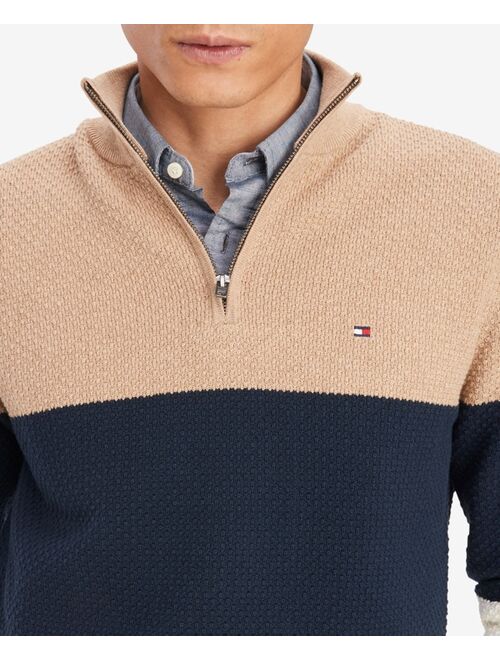 Tommy Hilfiger Men's Color-blocked Textured Mock Neck Quarter Zip Sweater