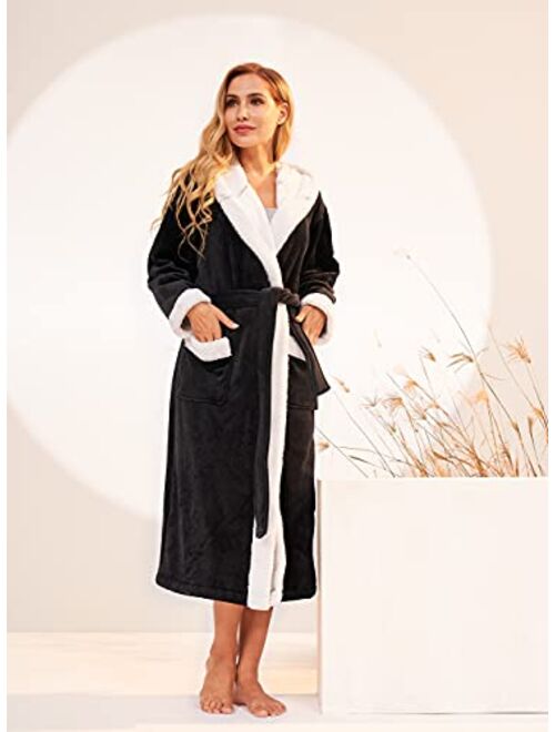 Femofit Women's Hooded Bathrobe Long Plush Flannel Robe Hooded Fleece Loungewear Soft Warm S~XL