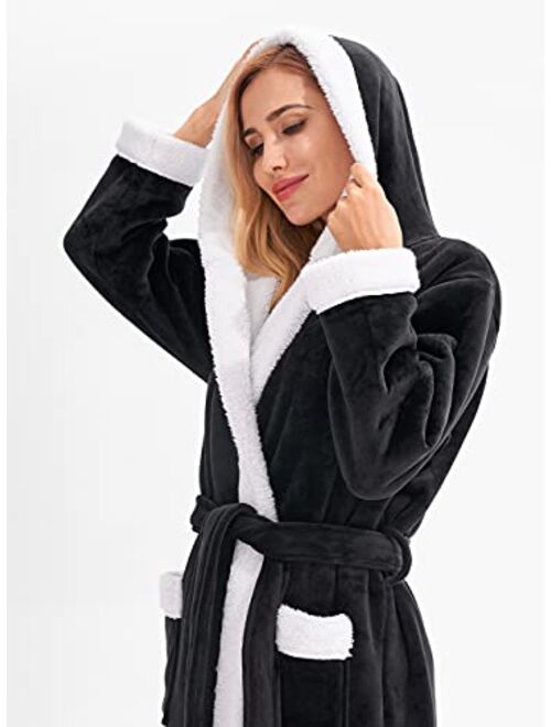 Femofit Women's Hooded Bathrobe Long Plush Flannel Robe Hooded Fleece Loungewear Soft Warm S~XL