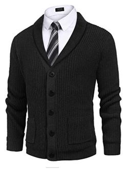 Men's Shawl Collar Cardigan Sweater Slim Fit Cable Knit Button up Cotton Sweater with Pockets